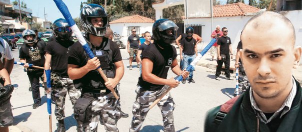Golden Dawn members outside the migrant detention centre in Corinth. Inset: Vasilis Siatounis (Photo: Ethnos.gr)